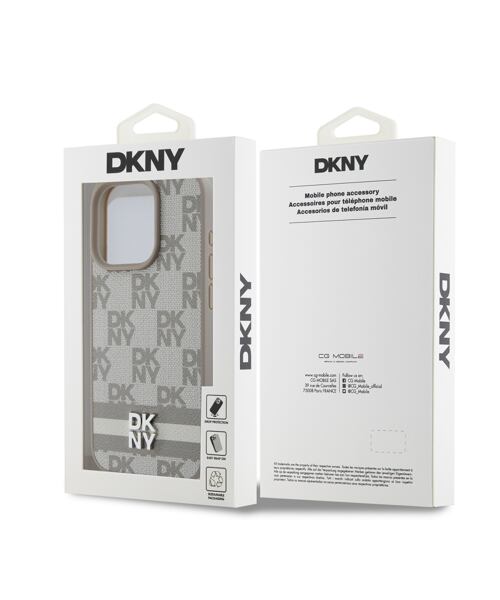 DKNY PU Leather Checkered Pattern and Stripe Zadní Kryt pro iPhone 15 Pro Beige