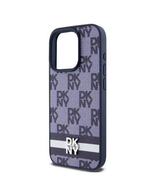 DKNY PU Leather Checkered Pattern and Stripe Zadní Kryt pro iPhone 15 Pro Blue