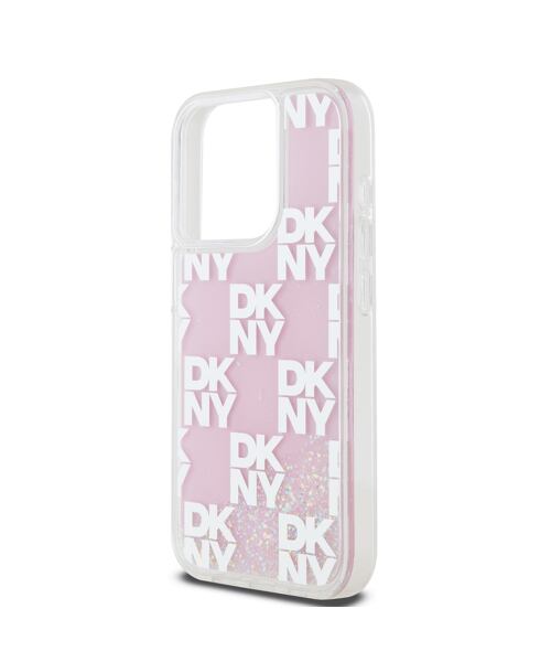 DKNY Liquid Glitter Checkered Pattern Zadní Kryt pro iPhone 15 Pro Pink