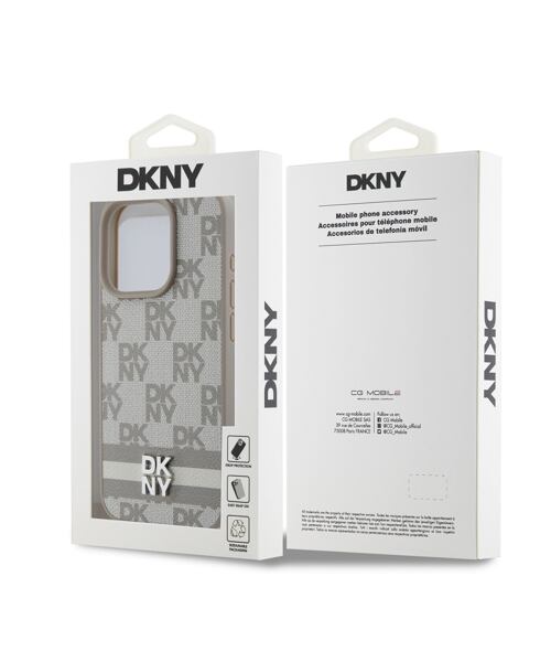 DKNY PU Leather Checkered Pattern and Stripe Zadní Kryt pro iPhone 13 Pro Max Beige