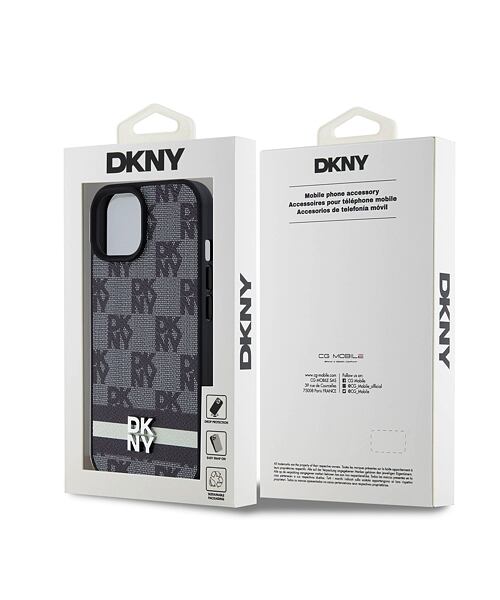 DKNY PU Leather Checkered Pattern and Stripe Zadní Kryt pro iPhone 15 Black
