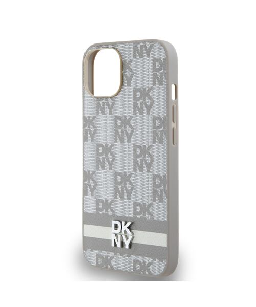 DKNY PU Leather Checkered Pattern and Stripe Zadní Kryt pro iPhone 15 Beige