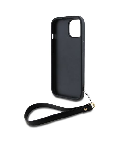 DKNY PU Leather Stack Logo Wrist Strap Zadní Kryt pro iPhone 15 Black