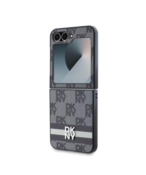 DKNY PU Leather Checkered Pattern and Stripe Zadní Kryt pro Samsung Galaxy Z Flip 6/7 FE Black