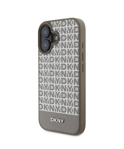 DKNY PU Leather Repeat Pattern Bottom Stripe MagSafe Zadní Kryt pro iPhone 16 Brown