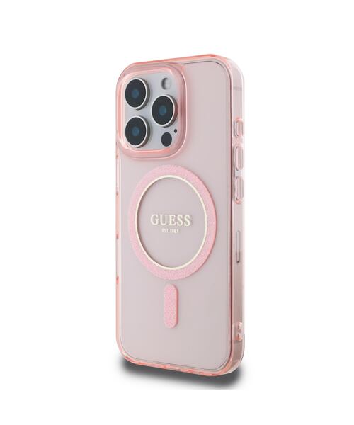 Guess IML Glitter Ring MagSafe Zadní Kryt pro iPhone 16 Pro Pink