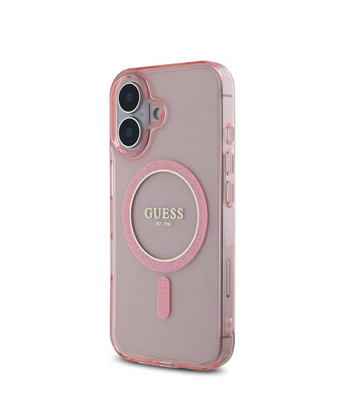 Guess IML Glitter Ring MagSafe Zadní Kryt pro iPhone 16 Pink