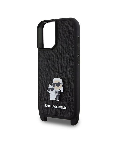 Karl Lagerfeld Saffiano Crossbody Popruh Metal Karl and Choupette Zadní Kryt pro iPhone 16 Black