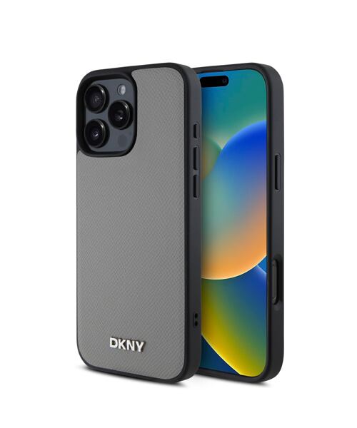 DKNY PU Leather Silver Metal Logo Magsafe Zadní Kryt pro iPhone 16 Pro Max Grey
