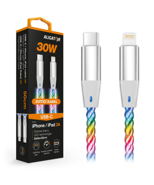 Datový kabel ALIGATOR POWER 3A 30W, USB-C/Lightning, 0,5m svítící