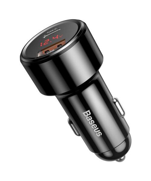 Baseus nabíječka do auta Magic USB-C PD, USB-A 45W s displejem černá
