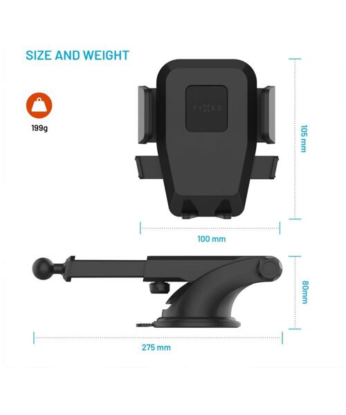 Univerzální držák do auta FIXED Iconiq XXL s dlouhou přísavkou na sklo nebo na palubní desku, černý