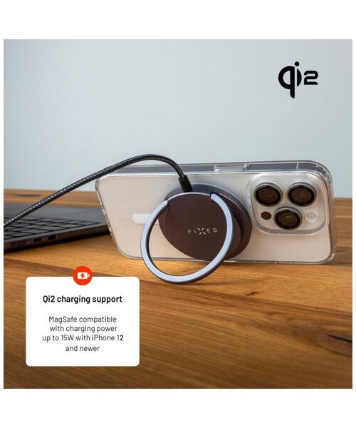 Bezdrátová nabíječka FIXED MagPad Pro s podporou MagSafe, Qi2 certifikací a stojánkem, 15W, šedá
