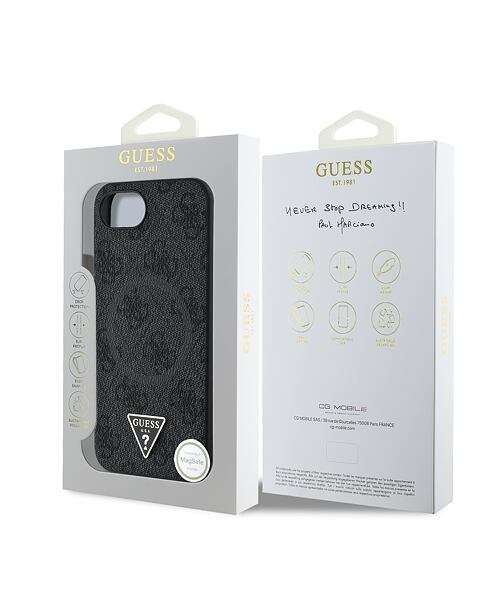 Guess PU 4G Strass Triangle Metal Logo MagSafe Zadní Kryt pro iPhone 16e Black