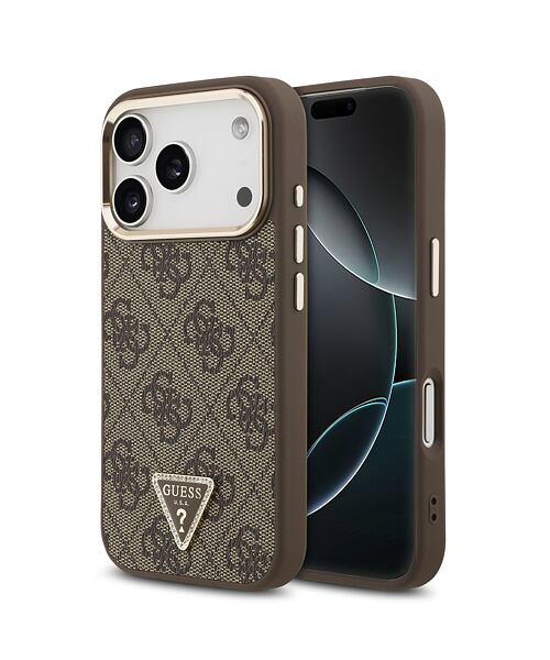 Guess PU Leather 4G Strass Triangle Logo Gold Frame MagSafe Zadní Kryt pro iPhone 17 Pro Brown