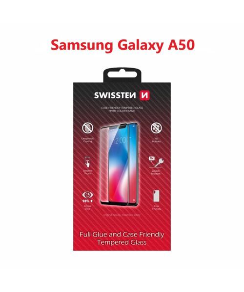 SKLO SWISSTEN FULL GLUE, COLOR FRAME, CASE FRIENDLY PRO SAMSUNG A505 GALAXY A50 ČERNÉ