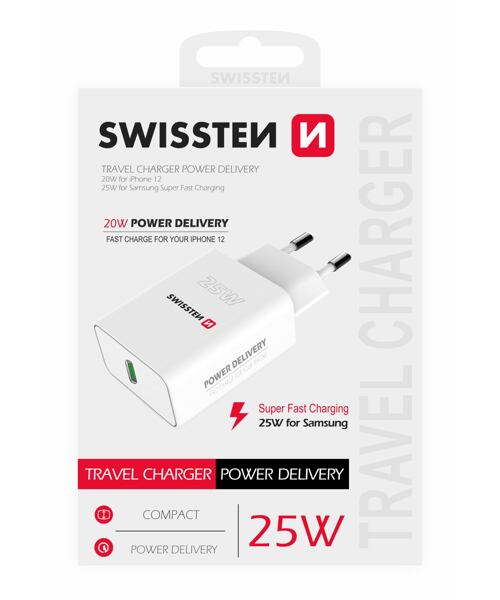 SWISSTEN SÍŤOVÝ ADAPTÉR PD 25W PRO IPHONE A SAMSUNG BÍLÝ