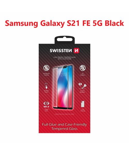 SKLO SWISSTEN FULL GLUE, COLOR FRAME, CASE FRIENDLY PRO SAMSUNG G990 GALAXY S21 FE 5G ČERNÉ