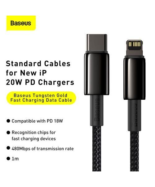 Baseus CATLWJ-01 Tungsten Gold Fast Charge Kabel USB-C to Lightning 20W 1m Black