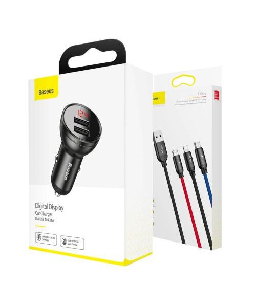 Baseus rychlonabíječka do auta 2xUSB 4,8A 24W s displejem + 3v1 kabel černá