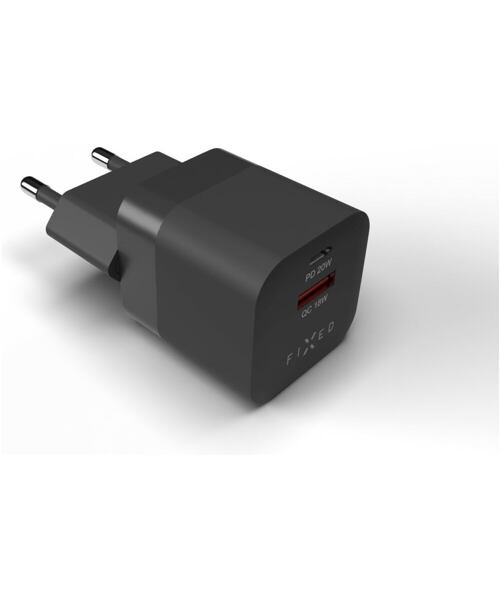 Síťová nabíječka FIXED Mini s USB-C a USB výstupem, podpora PD a QC 3.0, 20W, černá