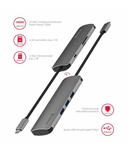 SWISSTEN USB-C HUB 6-IN-1 (USB-C PD, 3X USB 3.0, SD, MICRO SD) ALUMINIUM