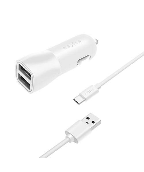 Set autonabíječky FIXED s 2xUSB výstupem a USB/USB-C kabelu, 1 metr, 15W Smart Rapid Charge, bílá