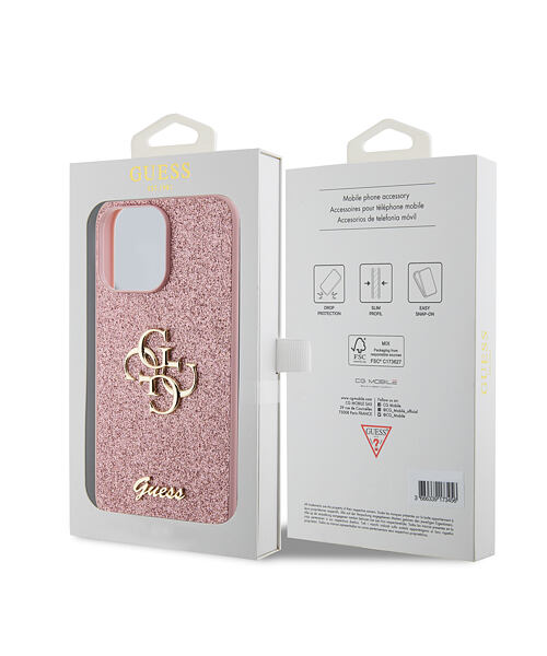 Guess PU Fixed Glitter 4G Metal Logo Zadní Kryt pro iPhone 15 Pro Max Pink