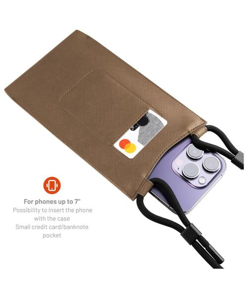 Taštička přes rameno s kapsou FIXED Verona s černou šňůrkou pro mobilní telefony do 7", kávová