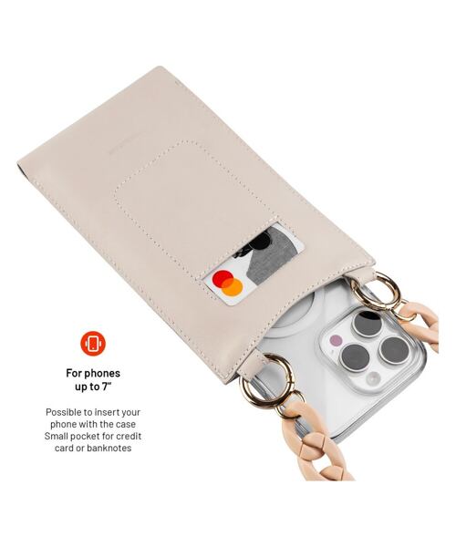 Kožená taštička přes rameno s kapsou FIXED Venezia pro 7" mobilní telefony s béžovým řetízkem, krémo