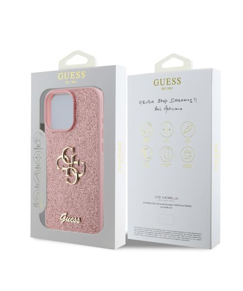 Guess PU Fixed Glitter 4G Metal Logo Zadní Kryt pro iPhone 16 Pro Pink