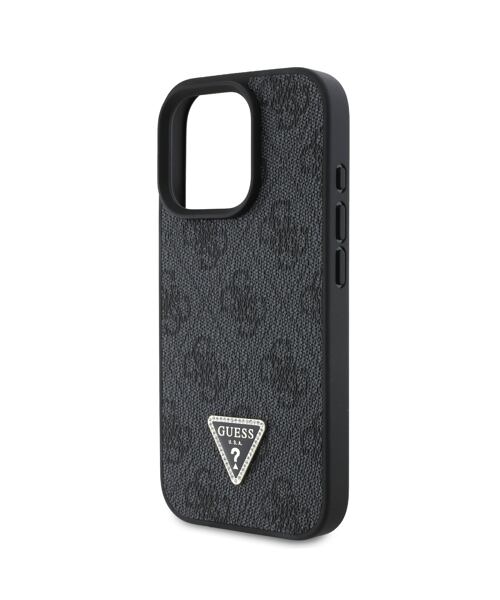 Guess PU 4G Strass Triangle Metal Logo Zadní Kryt pro iPhone 16 Pro Max Black