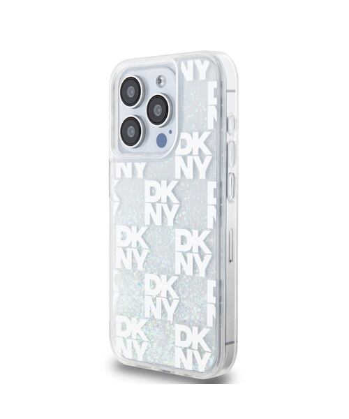 DKNY Liquid Glitter Checkered Pattern Zadní Kryt pro iPhone 15 Pro Transparent