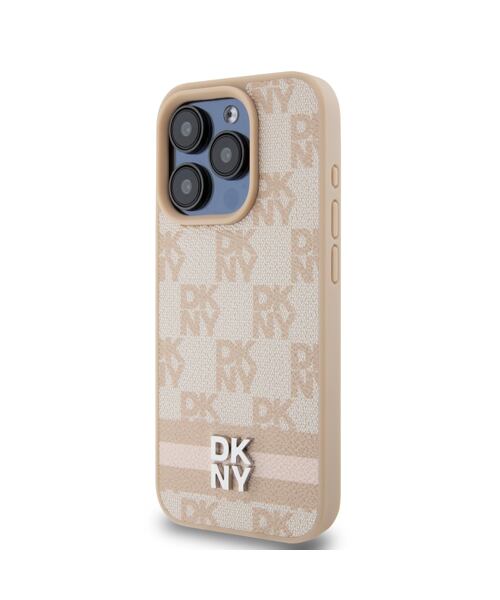 DKNY PU Leather Checkered Pattern and Stripe Zadní Kryt pro iPhone 13 Pro Pink