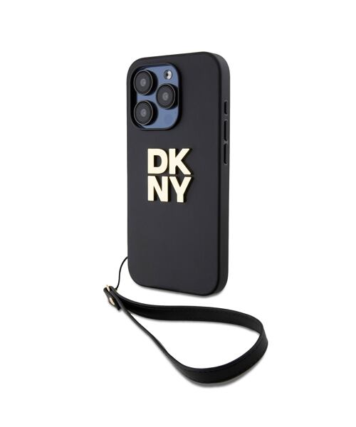 DKNY PU Leather Stack Logo Wrist Strap Zadní Kryt pro iPhone 15 Pro Max Black