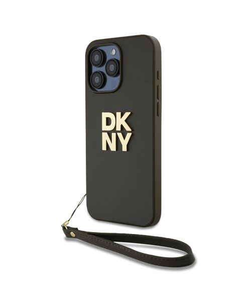 DKNY PU Leather Stack Logo Wrist Strap Zadní Kryt pro iPhone 14 Pro Max Brown