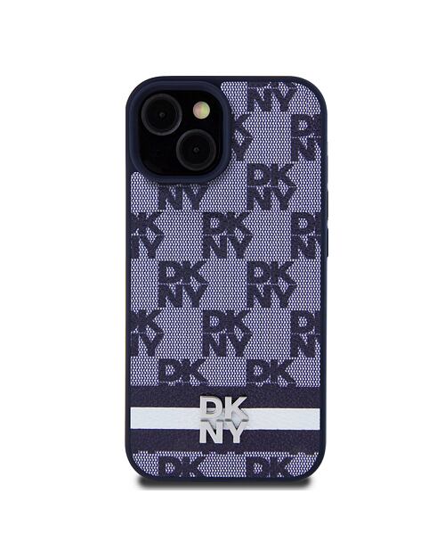 DKNY PU Leather Checkered Pattern and Stripe Zadní Kryt pro iPhone 15 Blue