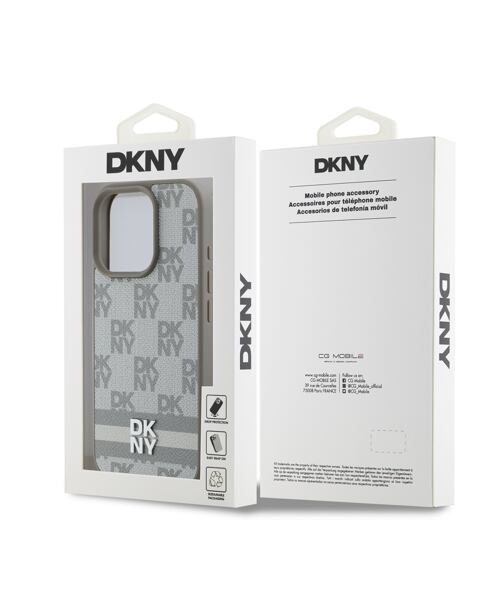DKNY PU Leather Checkered Pattern and Stripe Zadní Kryt pro iPhone 16 Pro Max Beige