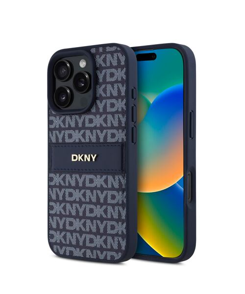 DKNY PU Leather Repeat Pattern Tonal Stripe Zadní Kryt pro iPhone 16 Pro Blue