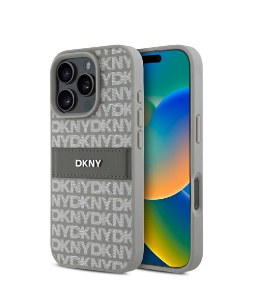 DKNY PU Leather Repeat Pattern Tonal Stripe Zadní Kryt pro iPhone 16 Pro Max Beige
