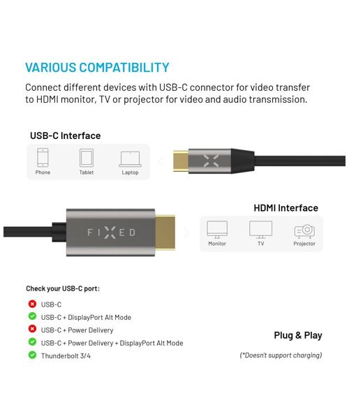 Video kabel FIXED s konektory USB-C/HDMI, USB-C 3.1 Gen 2 18Gbps, HDMI 2.0 4K60Hz, 2m, šedý