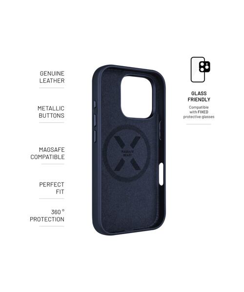 Kožený zadní kryt FIXED MagLeather s podporou MagSafe pro Apple iPhone 16 Pro, modrý