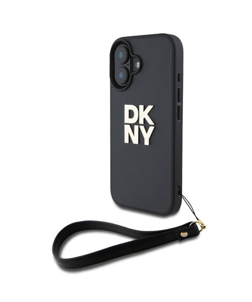 DKNY PU Leather Stack Logo Wrist Strap Zadní Kryt pro iPhone 16 Black