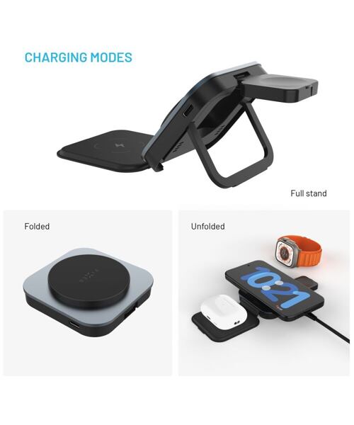 Skládací magnetický bezdrátový nabíjecí stojan 3v1 FIXED MagFlex Alu, 15W+2.5W+3.5W, šedý
