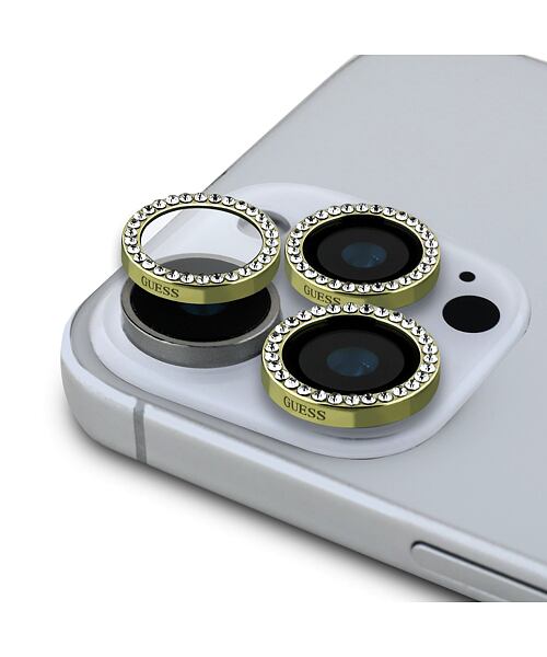 Guess Fixed Glitter Ochrana Čoček pro iPhone 16 Pro/16 Pro Max Gold