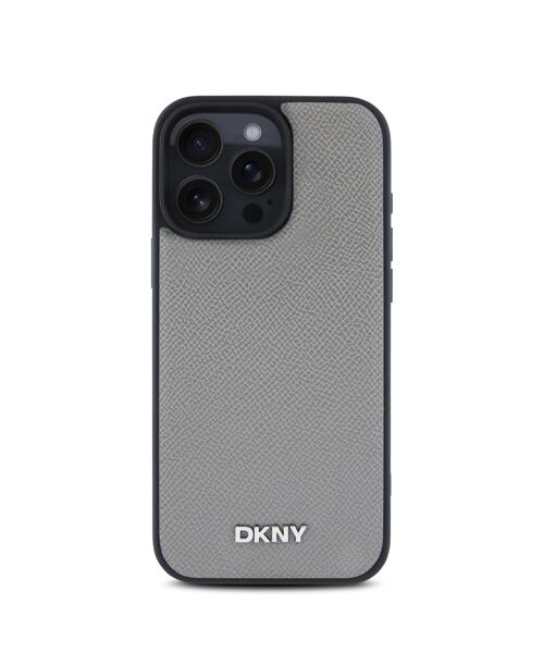 DKNY PU Leather Silver Metal Logo Magsafe Zadní Kryt pro iPhone 16 Pro Max Grey