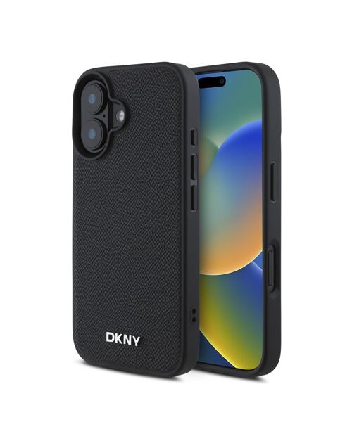DKNY PU Leather Silver Metal Logo Magsafe Zadní Kryt pro iPhone 16 Plus Black