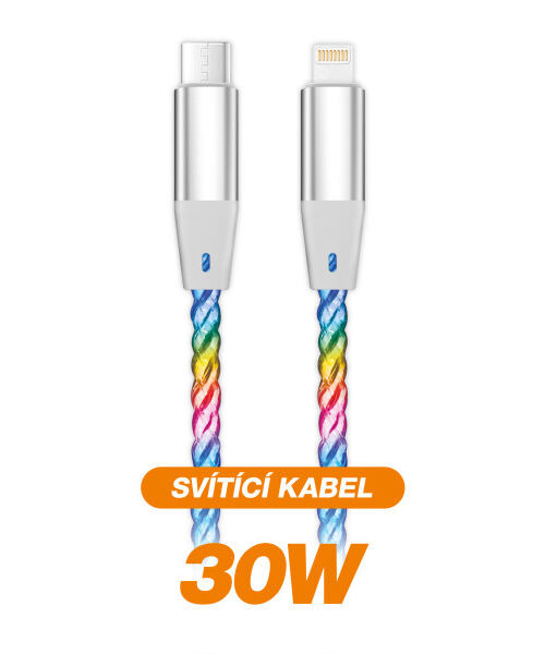 Datový kabel ALIGATOR POWER 3A 30W, USB-C/Lightning, 0,5m svítící