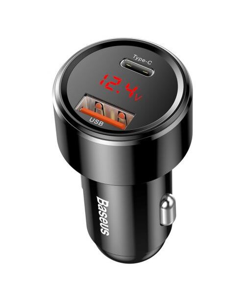 Baseus nabíječka do auta Magic USB-C PD, USB-A 45W s displejem černá