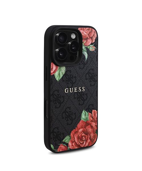 Guess PU Leather 4G Roses MagSafe Zadní Kryt pro iPhone 16 Pro Black